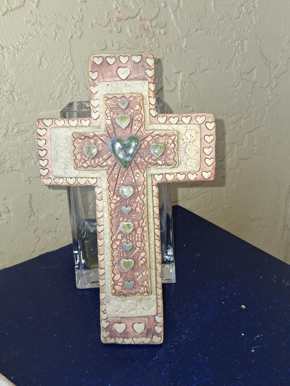 Decorative Heart Accent Cross - Pink and Cream